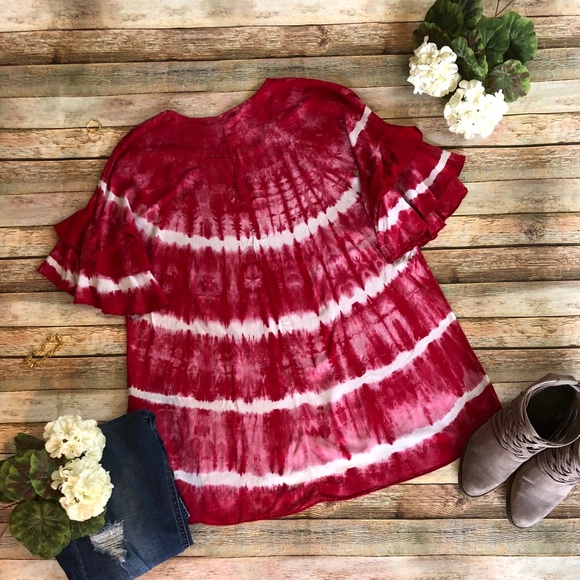 ‼️JUST IN ‼️ Red tie dye ruffle short sleeved top - Picture 5 of 5